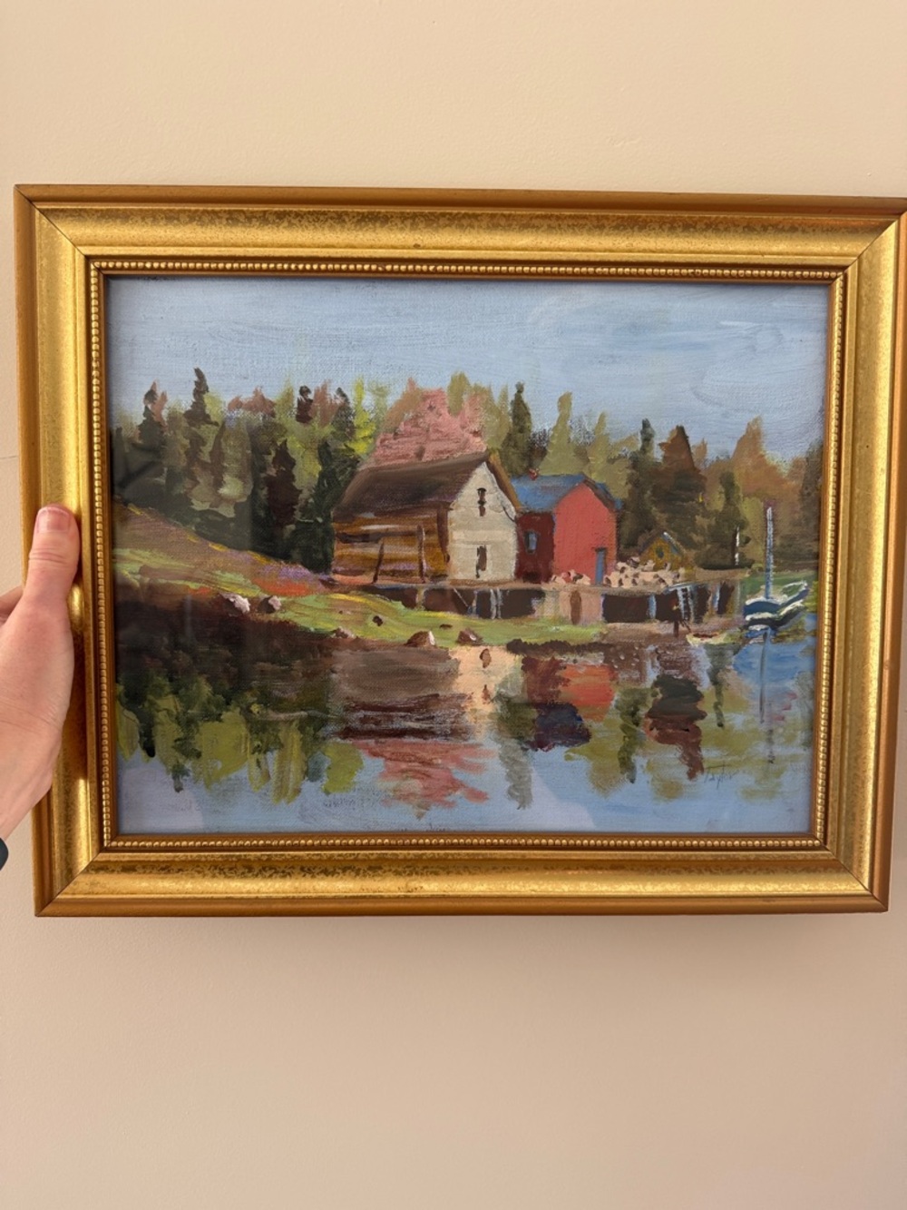 Framed Coastal Boathouse Painting.